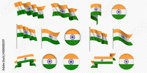 Collection of Indian flags and round icons in various waving and ribbon styles, isolated on a transparent background.