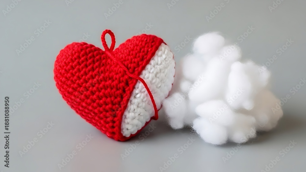 Fototapeta premium Handmade crochet red heart shaped bag with white stuffing and cotton balls on grey background
