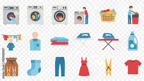 Laundry and cleaning items and activities illustrated on a transparent background.