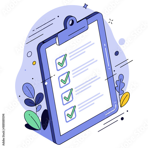 Illustrated checklist on clipboard with colorful abstract background elements