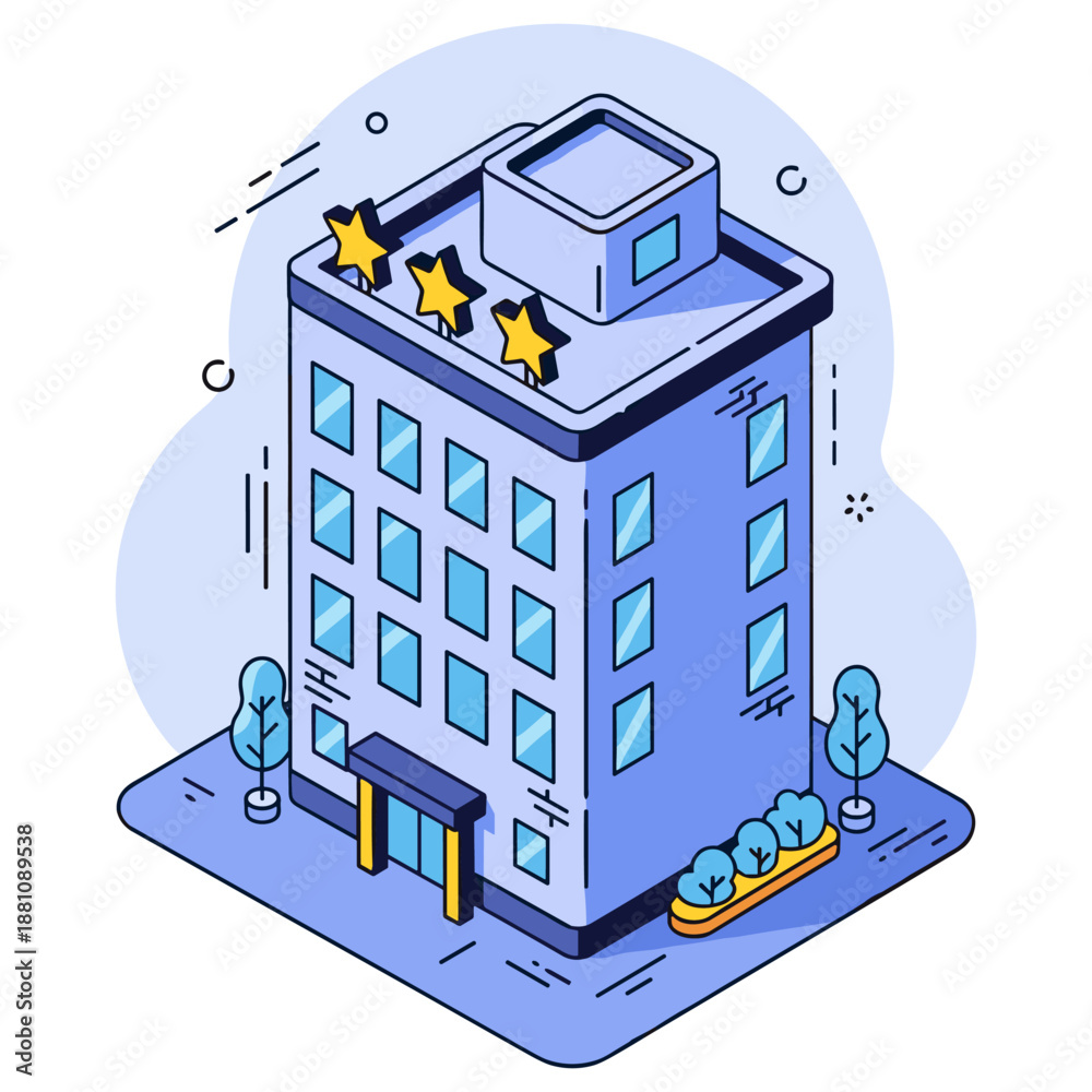 Fototapeta premium Illustrated modern hotel building with star rating and urban design elements