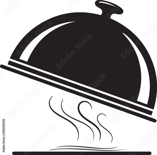 Black cloche serving dish with steam rising from beneath on a white background food