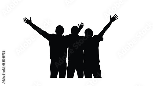 Three people standing together with arms raised in celebration