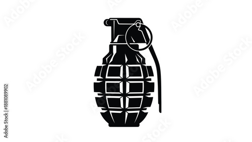 a black and white image of a grenade with a pin