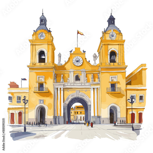 Lima - Plaza Mayor and Historic Center. Lima - Plaza Mayor and Historic Center hand drawn watercolor illustration