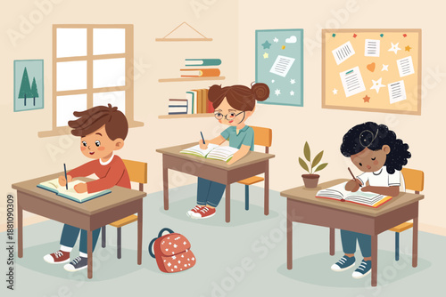 Diverse students studying together in a modern classroom setting