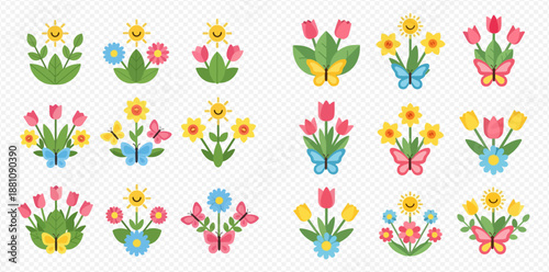 Set of colorful spring flower and butterfly illustrations with smiling suns, perfect for cheerful designs and seasonal greetings.