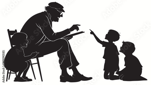 Elderly man reading to children in a heartwarming scene