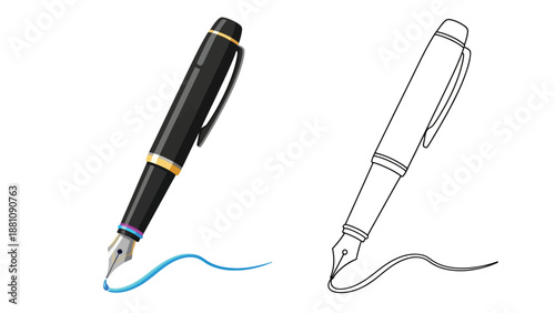 a black and gold fountain pen and its line drawing
