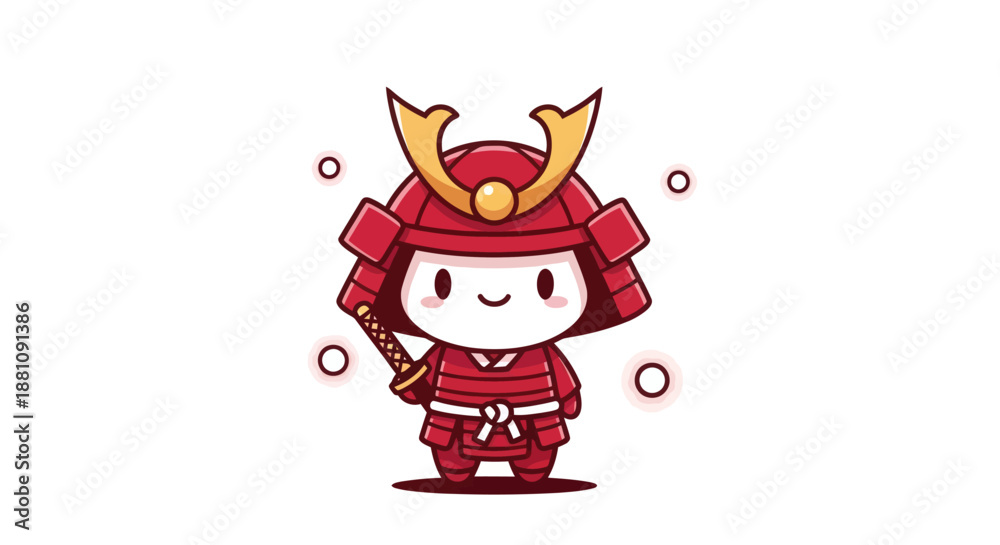 Naklejka premium Cartoon samurai character with helmet and sword isolated on white background