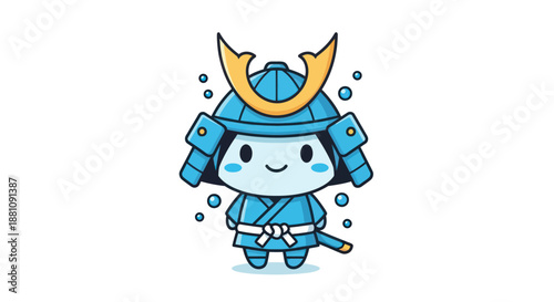 Cartoon samurai character wearing blue armor with golden helmet illustration