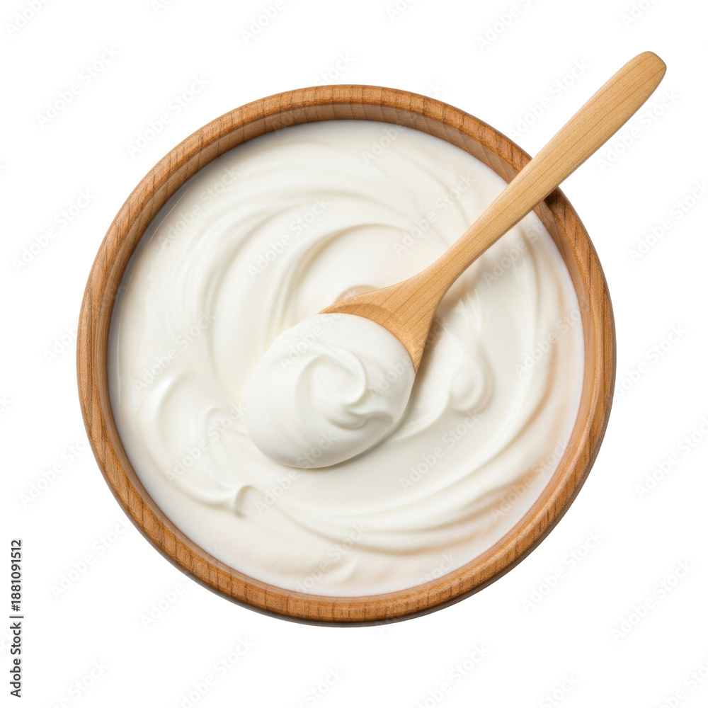 Fototapeta premium Rich, creamy white Greek yogurt in rustic wooden bowl, light wooden spoon with a dollop, isolated on white background with copy space, softly lit, sharply focused, concept of natural dairy purity