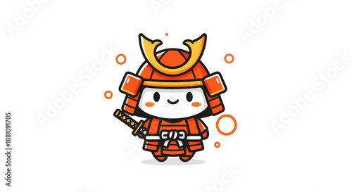 Cartoon samurai warrior in armor with sword isolated on white background