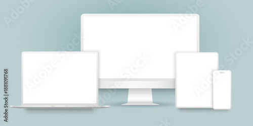 Realistic clean white device mockup set with blank screen