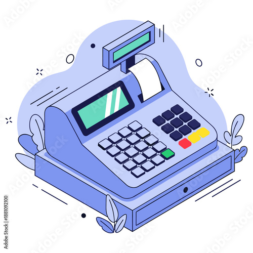 Retro-style cash register with digital display and receipt roll