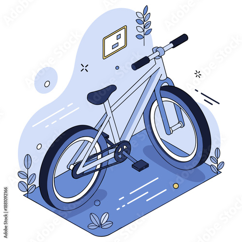Minimalist illustration of modern blue bicycle with abstract design elements