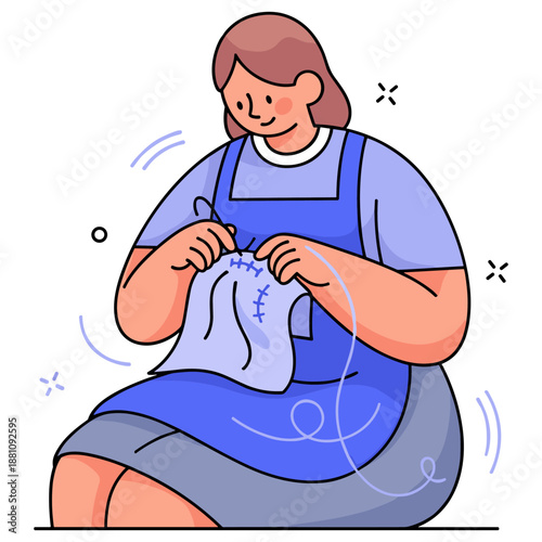 Smiling female sewing fabric: young caucasian woman engaged in needlework