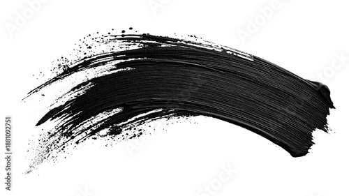 Curved black paint brush stroke with splatter detail, isolated on white, png