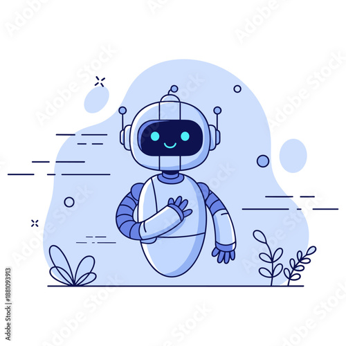 Cute smiling cartoon robot in minimalist blue background with plant elements