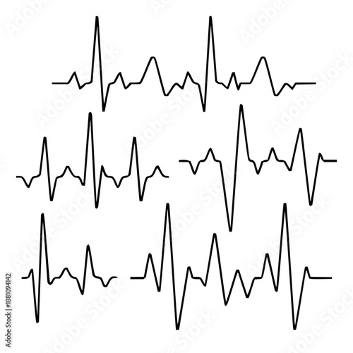 Diverse set of abstract heart rhythm illustrations, depicting stylized electrocardiogram (ECG) and pulse wave patterns in black and white, suitable for health and medical designs