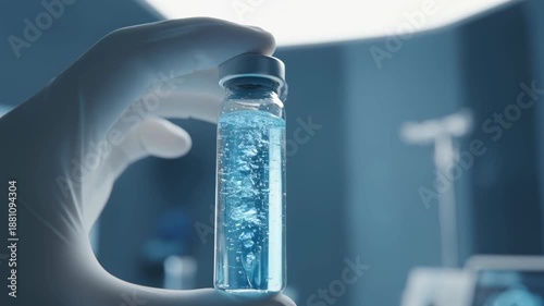 Nanotech medicine technology concept featuring gloved hand holding vial of blue liquid with bubbles laboratory environment for advanced science