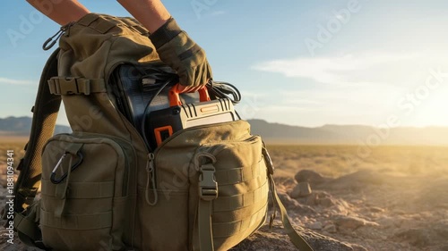Portable mobile solar generator packed into hiking backpack for outdoor adventure emergency power supply in scenic desert sunset landscape