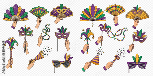 Mardi Gras celebration elements set with hands holding festive masks, fans, beads, and party accessories.