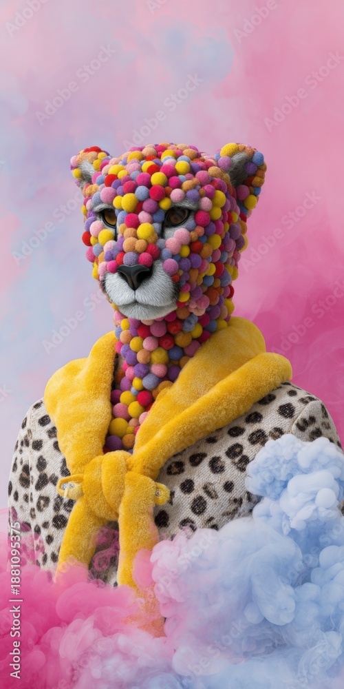 Fototapeta premium Colorful pom-pom leopard in yellow scarf amidst pink and blue smoke