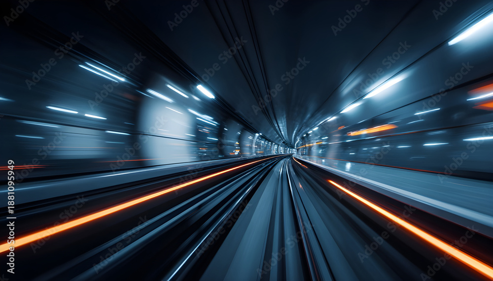 Naklejka premium Futuristic subway tunnel speeding along underground railway tracks with bright neon lights and motion blur in a cinematic 3D animation, representing fast urban transportation.