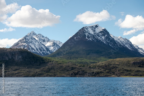 Scenic mountain landscape with pristine forest and the Beagle Channel near Ushuaia, Argentina