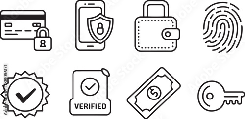 Fintech security and digital banking line vector icon set featuring fingerprint mobile shield lock and financial protection symbols.