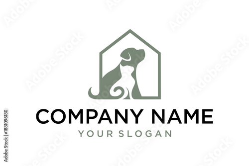 Pet care logo with dog and cat silhouettes inside a house symbol, representing animal home, shelter, or veterinary services.
