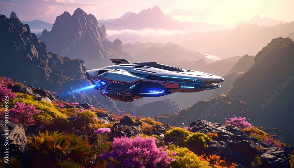 custom made wallpaper toronto digitalFuturistic spaceship soaring over a vibrant alien landscape at sunset.