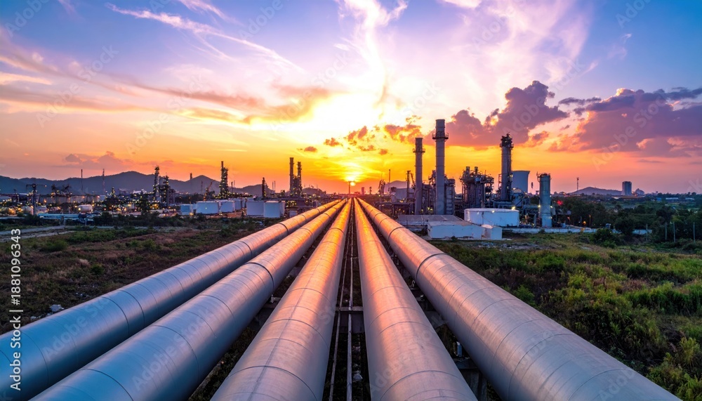custom made wallpaper toronto digitalIndustrial landscape with pipelines at sunset.