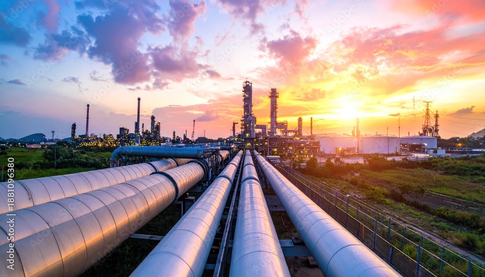 custom made wallpaper toronto digitalIndustrial pipes leading to a refinery under a colorful sunset.