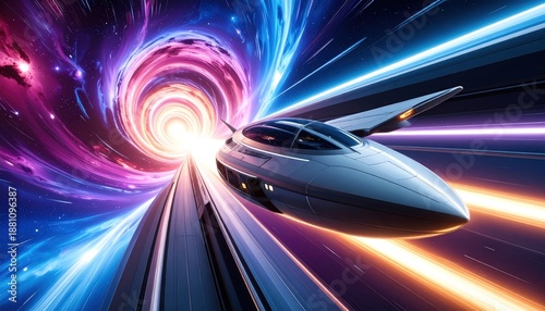 Wallpaper Mural Futuristic Spaceship Soaring Through a Vibrant Wormhole in Hyperspace. Torontodigital.ca