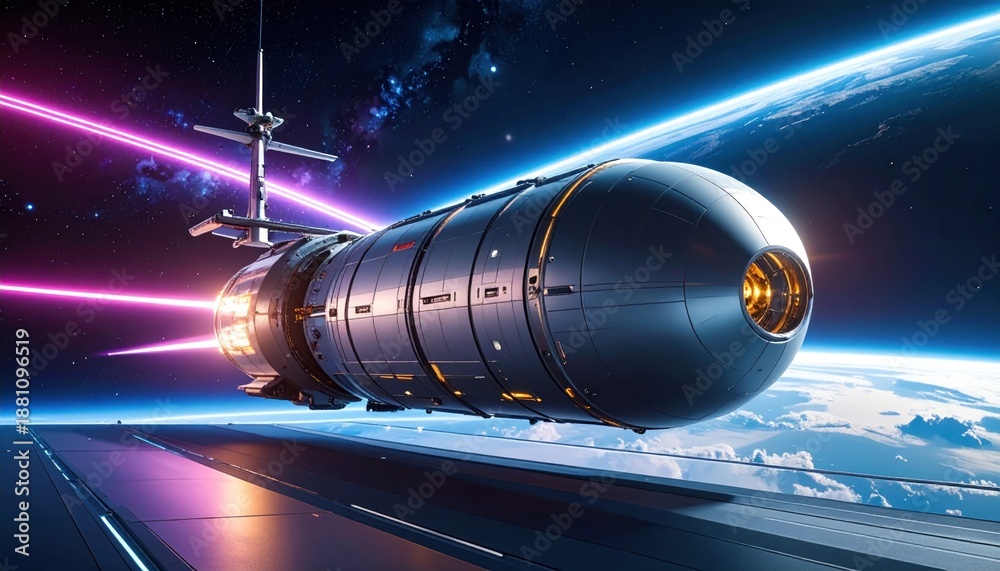 custom made wallpaper toronto digitalFuturistic Spacecraft Soaring Above Earth with Laser Trails.