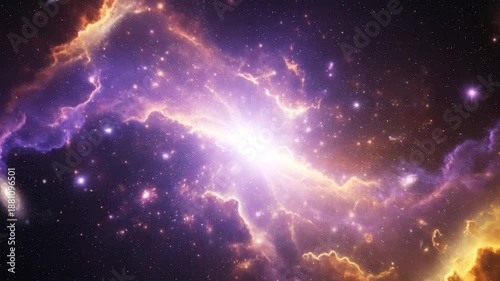 Vibrant deep space cloudscape loop, ethereal purple gold nebula texture