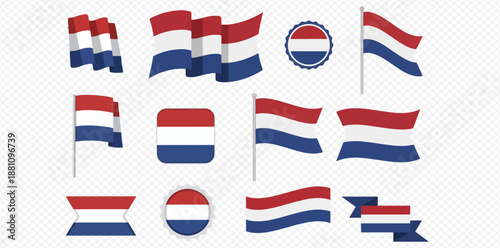 Collection of various Netherlands flag designs and shapes, including waving flags, banners, and circular emblems.