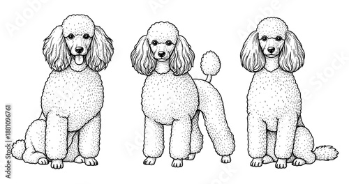 Detailed black and white illustrations of poodles in various poses