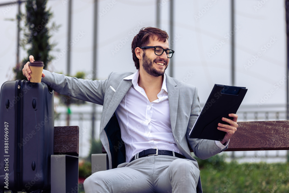 Fototapeta premium Young Businessman Reviewing Paper Report on Bench