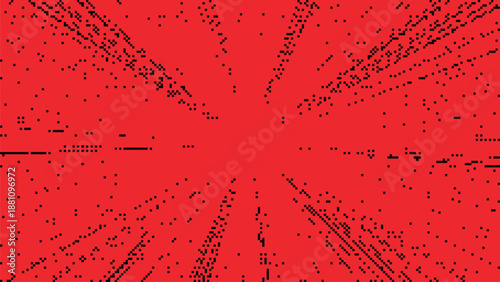 Dynamic red starburst explosion with black pixelated radial lines spreading from the center for high energy action background Vector Illustration