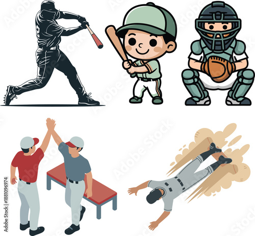Baseball player clipart action poses with bat helmet and catcher