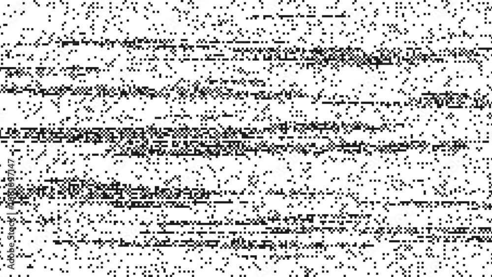 Fototapeta premium Horizontal digital glitch noise background with black pixel streaks and distorted data lines on a white canvas for tech concepts Vector Illustration