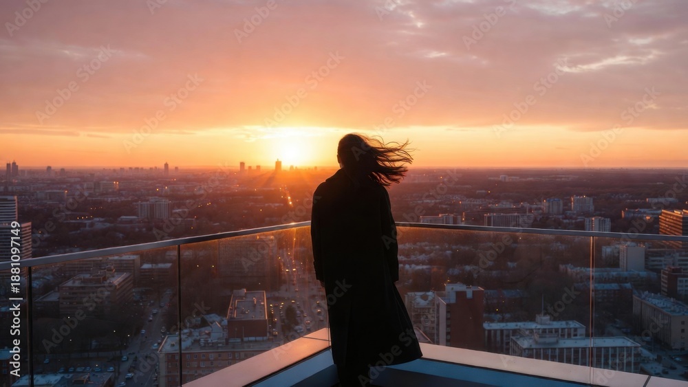 Fototapeta premium Silhouette of woman at sunset overlooking cityscape from rooftop