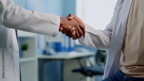 Healthcare workers, one wearing a white lab coat, shaking hands, establishing a professional partnership and agreement in a clinic or lab setting, symbolizing collaboration and trust in medical care
