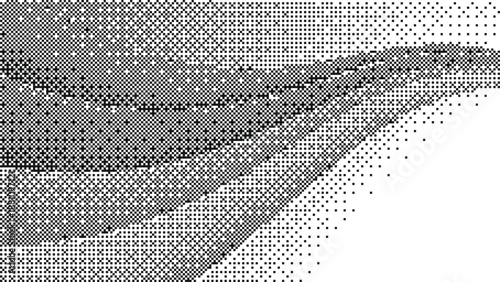 Abstract flowing wave layers with black and white pixel dithered textures creating a sophisticated monochrome digital landscape Vector Illustration