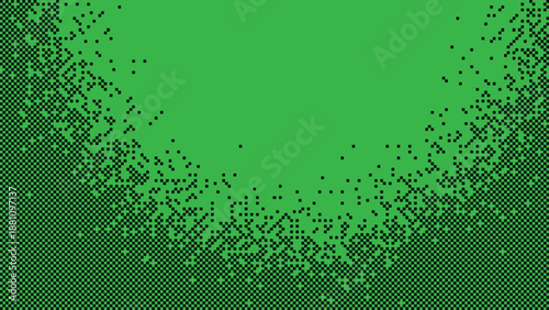 Bright green background with a curved lower border made of black pixel dithered particles and geometric mosaic patterns for layout Vector Illustration
