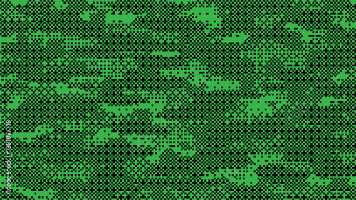 Abstract green digital camouflage pattern with black pixel dithered textures and distorted noise blocks for modern military tech Vector Illustration