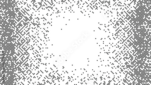 Monochrome dithered explosion pattern with black pixel particles radiating from a central white void for high energy focal point Vector Illustration